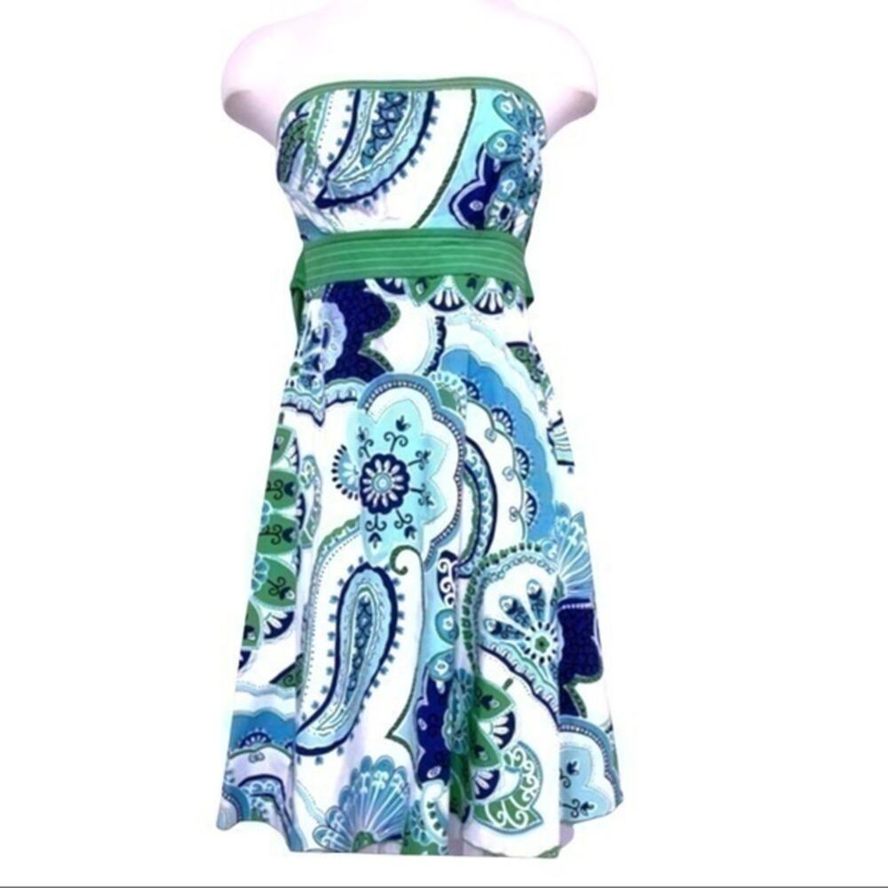 Strapless Paisley Dress Juniors 9 Green Blue Fit Flare Boho My Michelle
